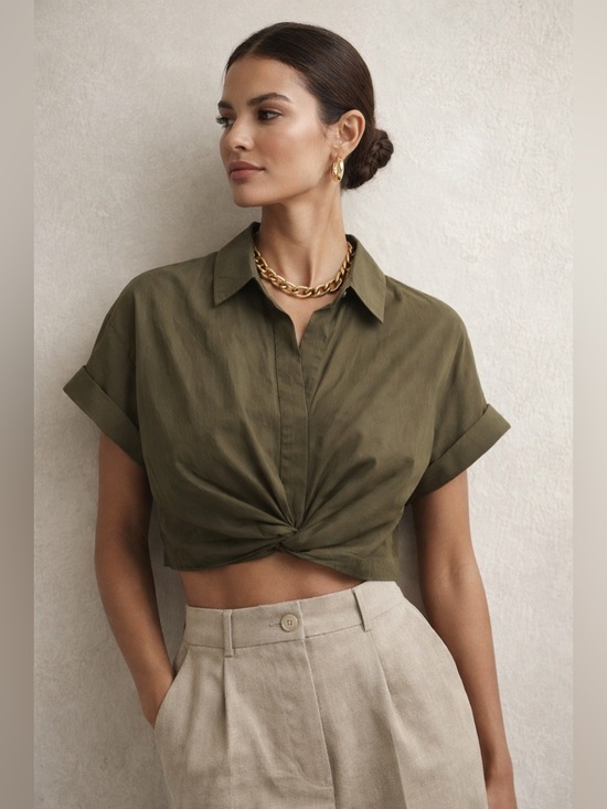 Ralph Lauren Tops - Lauren Ralph Lauren Women’s Olive Twist Front Crop Shirt Sz 14P Quiet Luxury